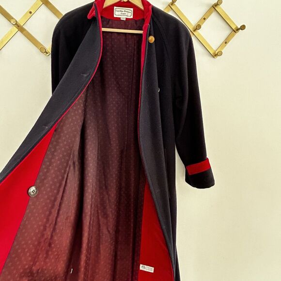 Vintage Carolina Herrera Long Wool Coat Size 8 Navy Blue Red Velvet Trim Button - Picture 14 of 15